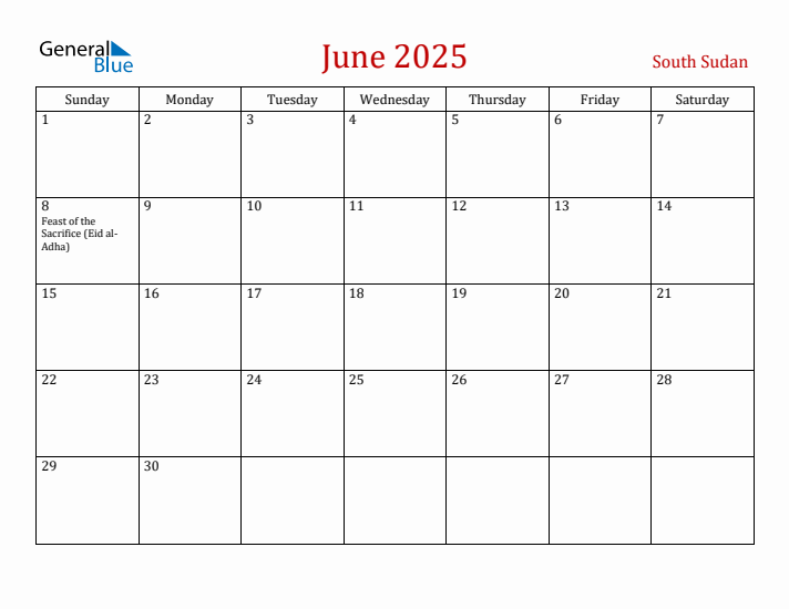 South Sudan June 2025 Calendar - Sunday Start