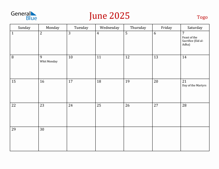Togo June 2025 Calendar - Sunday Start