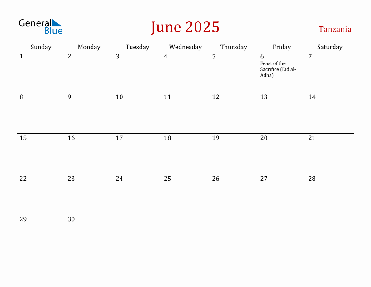 June 2025 Tanzania Monthly Calendar with Holidays