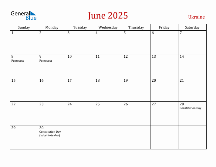 Ukraine June 2025 Calendar - Sunday Start