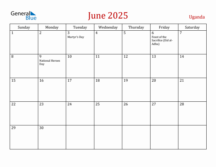 Uganda June 2025 Calendar - Sunday Start