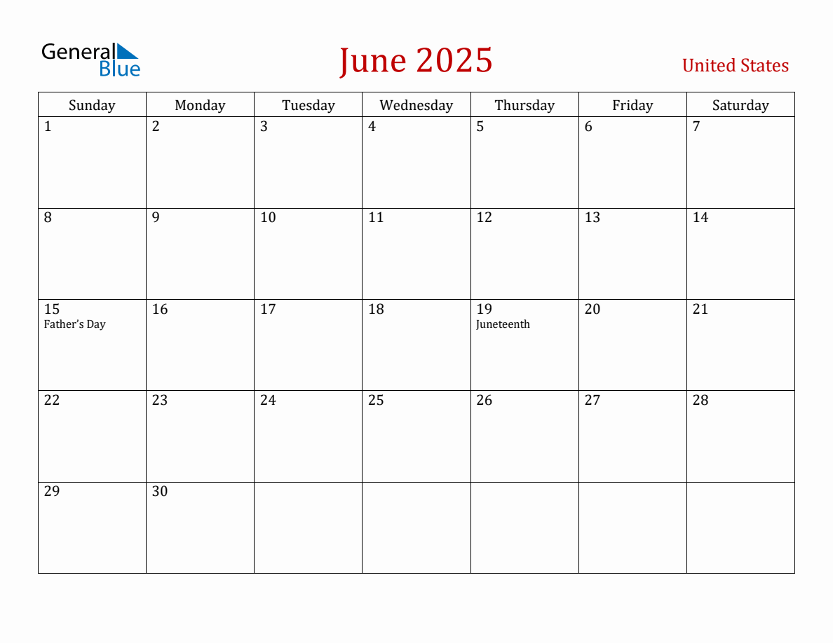 June 2025 United States Monthly Calendar with Holidays
