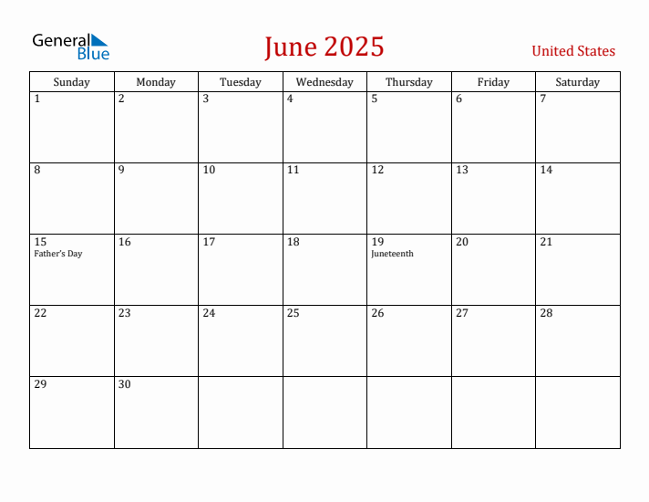 United States June 2025 Calendar - Sunday Start