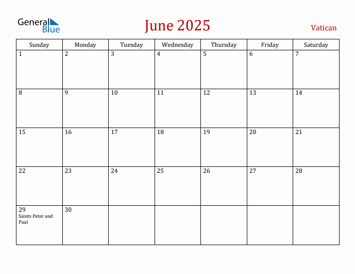 Vatican June 2025 Calendar - Sunday Start