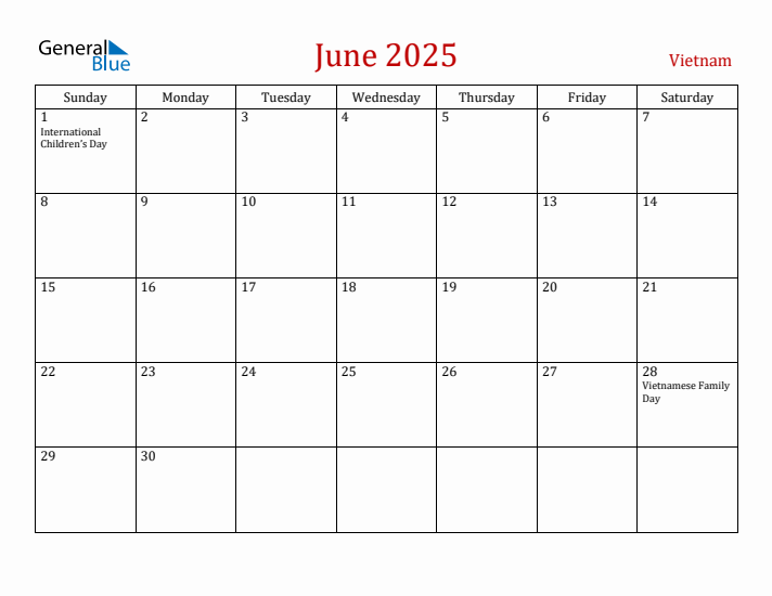 Vietnam June 2025 Calendar - Sunday Start