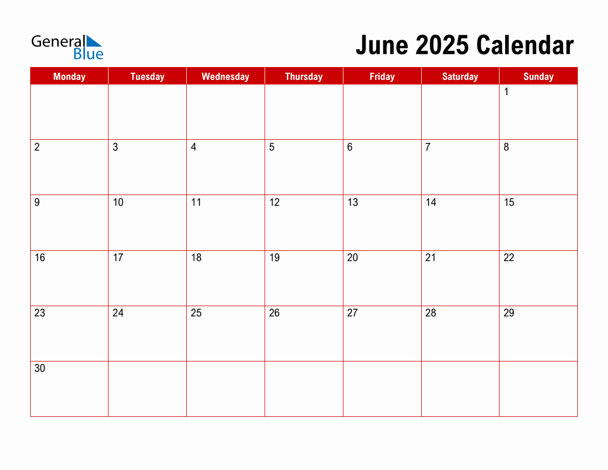 Basic Monthly Calendar June 2025