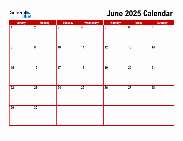 Simple Monthly Calendar - June 2025