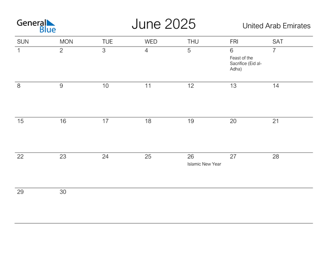 United Arab Emirates June 2025 Calendar with Holidays