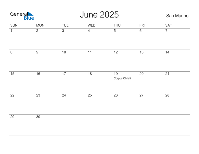Printable June 2025 Calendar for San Marino