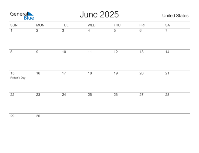 Printable June 2025 Calendar for United States