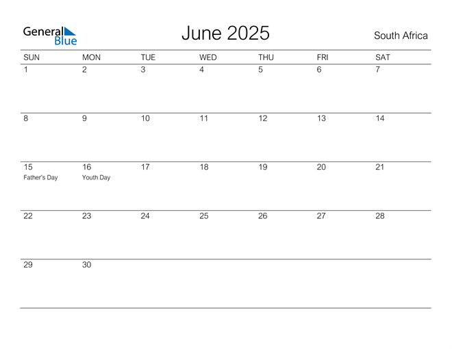 June 2025 Calendar with South Africa Holidays