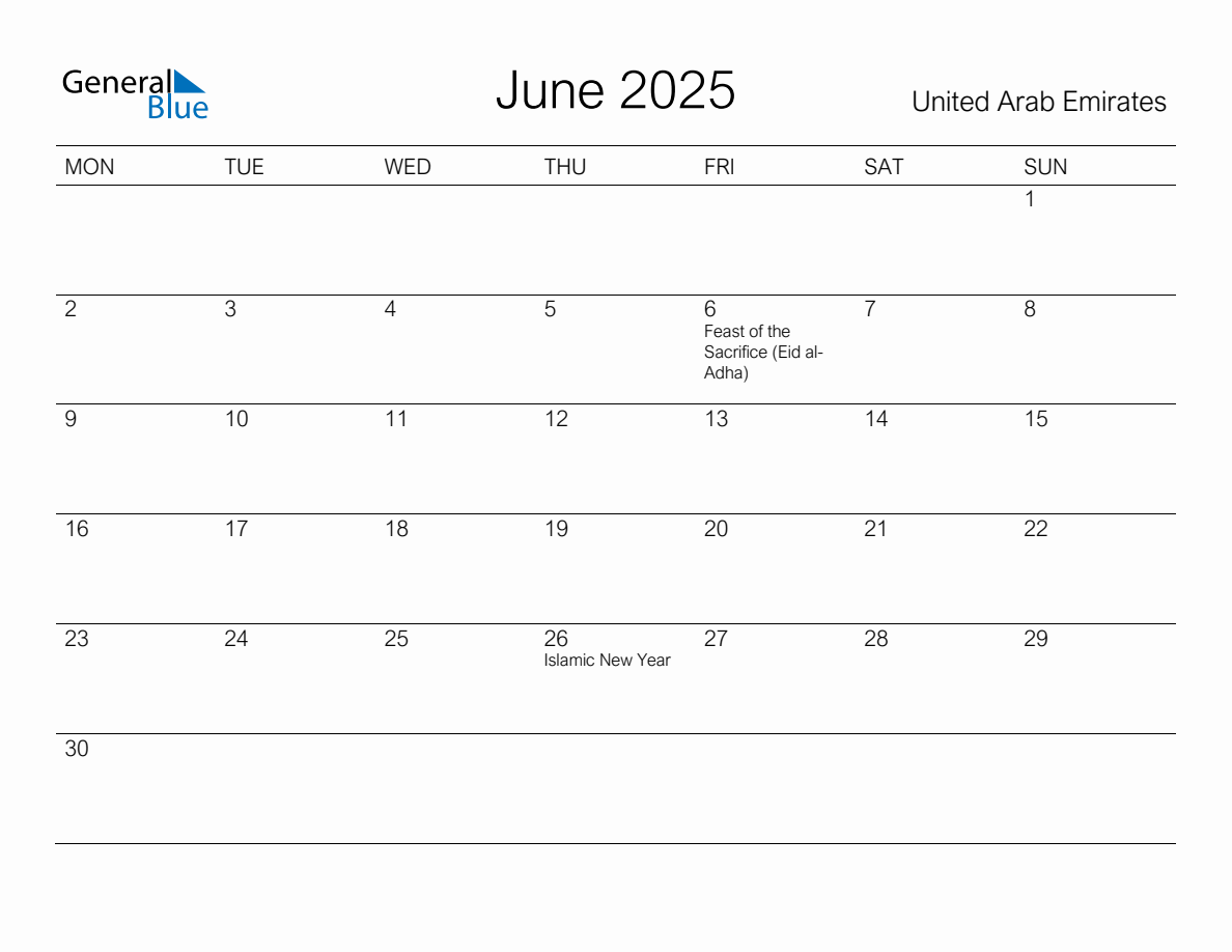 Printable June 2025 Monthly Calendar With Holidays For United Arab Emirates 1747