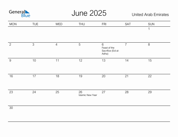 Printable June 2025 Calendar for United Arab Emirates