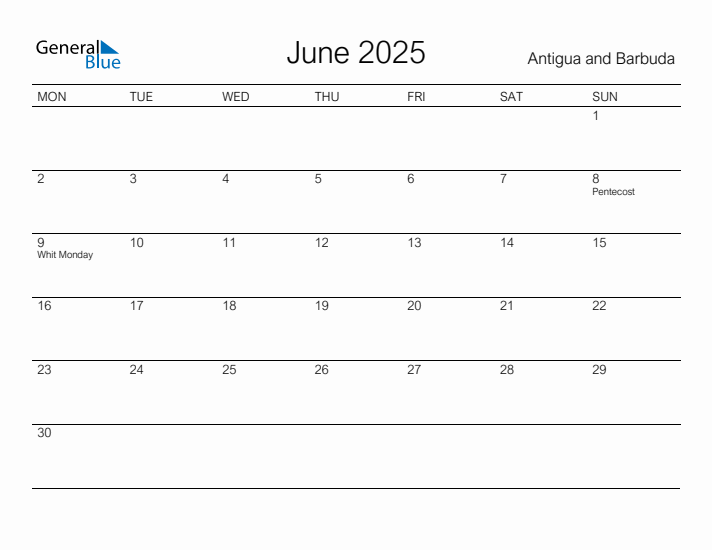 Printable June 2025 Calendar for Antigua and Barbuda