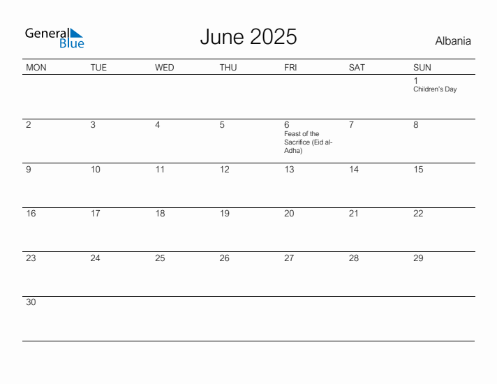 Printable June 2025 Calendar for Albania