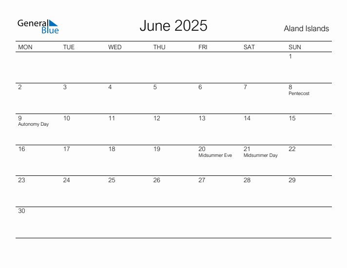 Printable June 2025 Calendar for Aland Islands