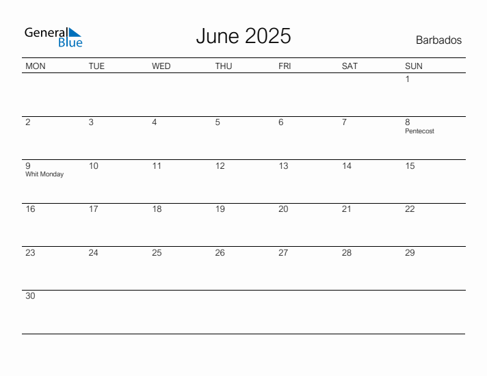 Printable June 2025 Calendar for Barbados