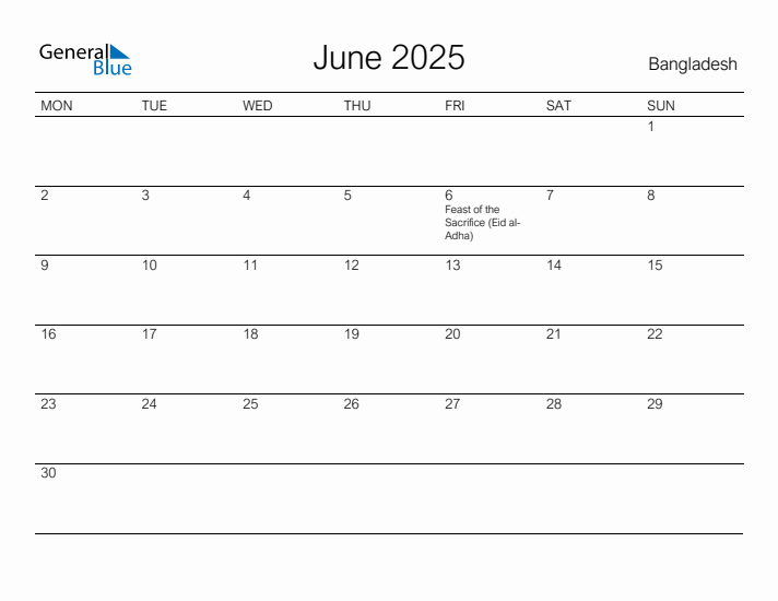Printable June 2025 Calendar for Bangladesh