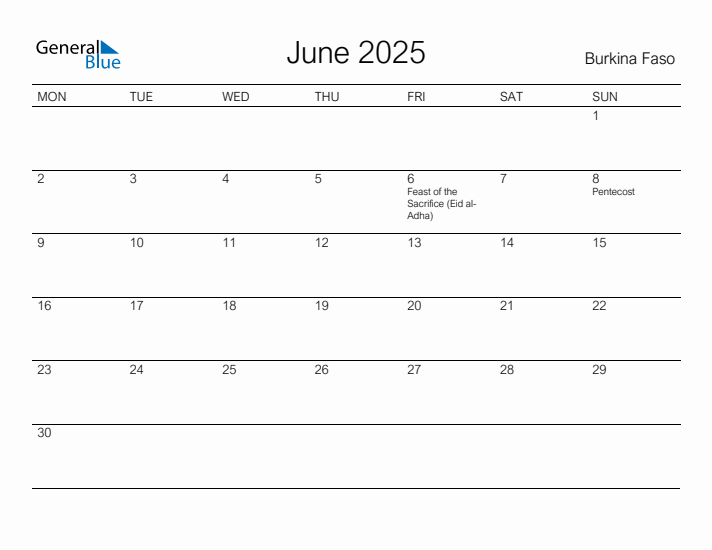 Printable June 2025 Calendar for Burkina Faso