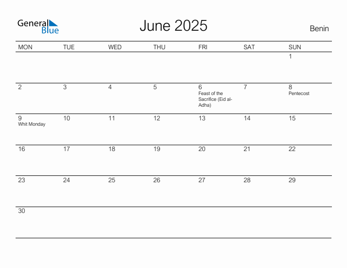 Printable June 2025 Calendar for Benin