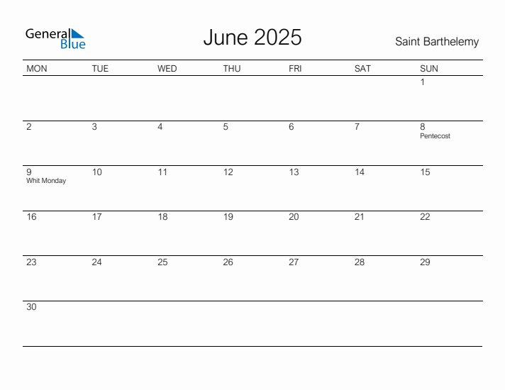 Printable June 2025 Calendar for Saint Barthelemy