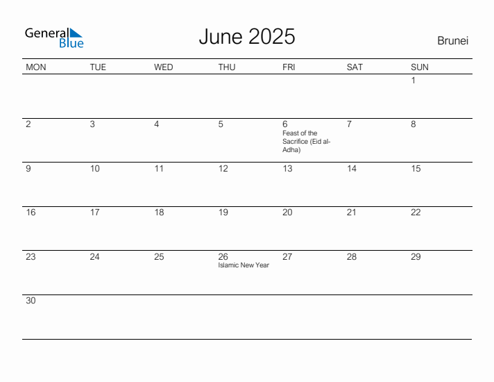 Printable June 2025 Calendar for Brunei