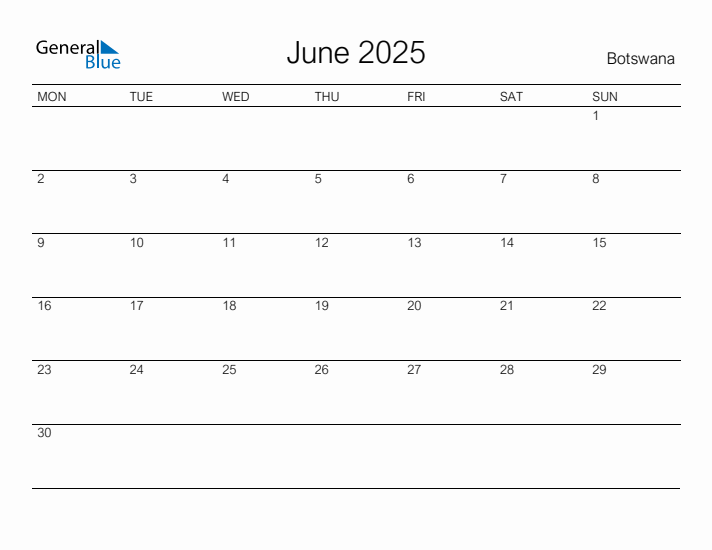 Printable June 2025 Monthly Calendar With Holidays For Botswana