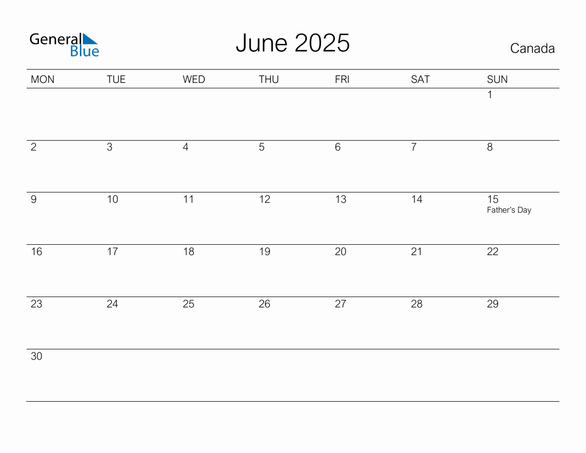 Printable June 2025 Monthly Calendar with Holidays for Canada