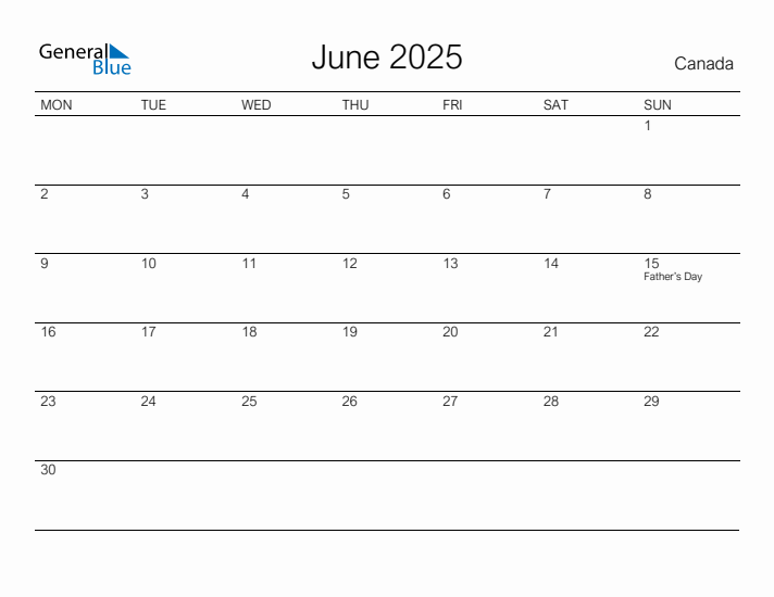 Printable June 2025 Monthly Calendar with Holidays for Canada