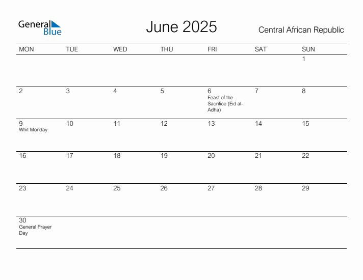 Printable June 2025 Calendar for Central African Republic