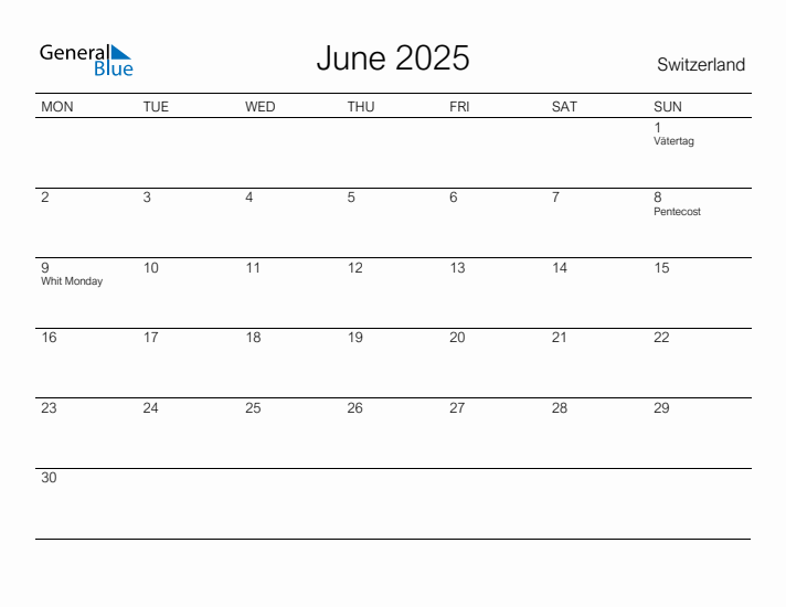Printable June 2025 Calendar for Switzerland