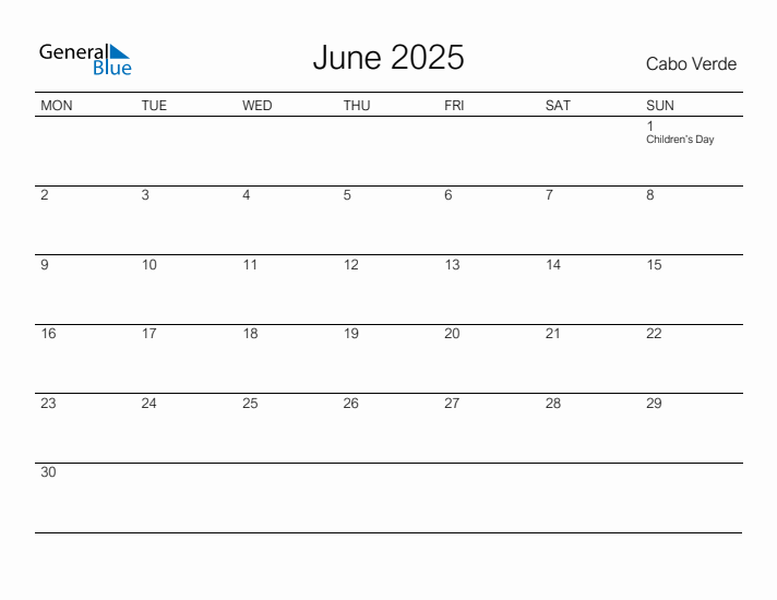 Printable June 2025 Calendar for Cabo Verde