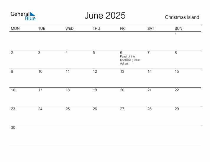 Printable June 2025 Calendar for Christmas Island