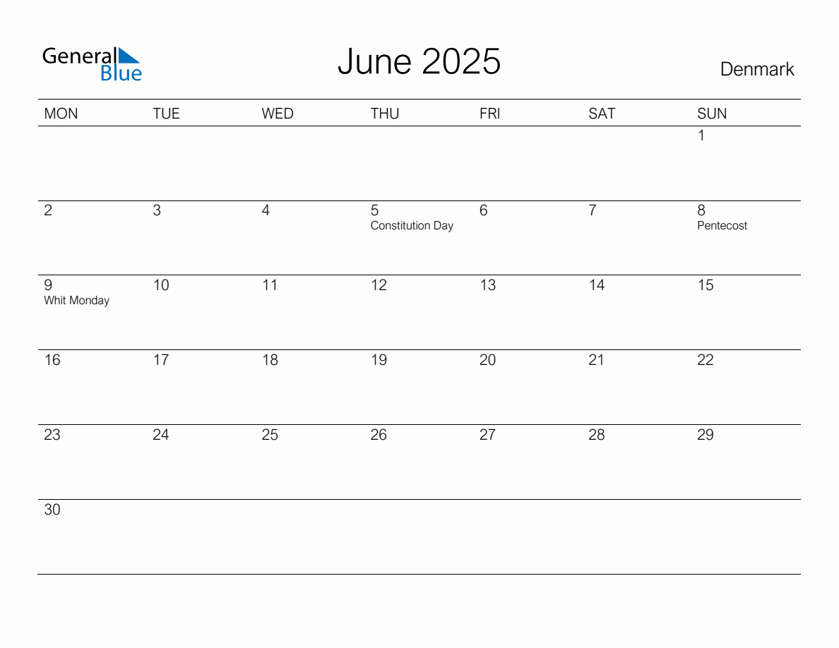Printable June 2025 Monthly Calendar with Holidays for Denmark