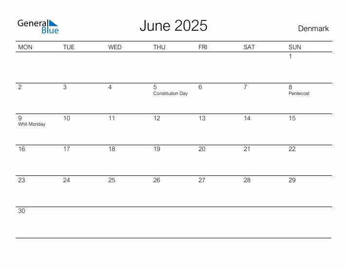 Printable June 2025 Calendar for Denmark