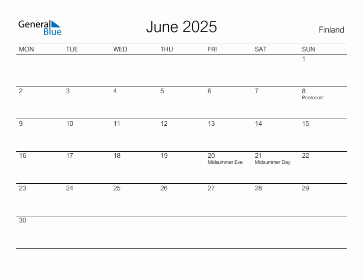 Printable June 2025 Calendar for Finland