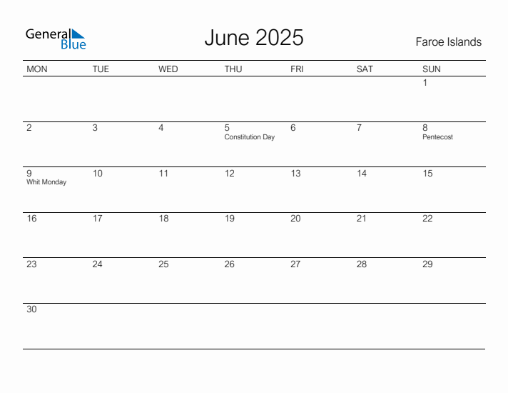 Printable June 2025 Calendar for Faroe Islands