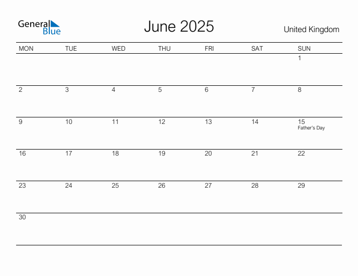 Printable June 2025 Monthly Calendar with Holidays for United Kingdom