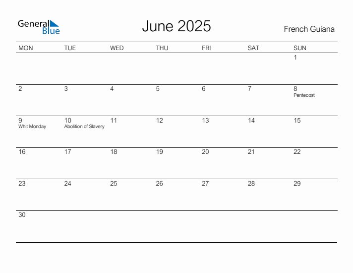 Printable June 2025 Calendar for French Guiana