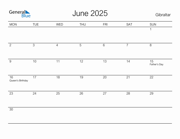 Printable June 2025 Calendar for Gibraltar