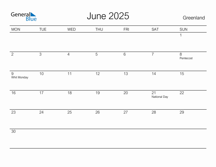 June 2025 Greenland Monthly Calendar with Holidays