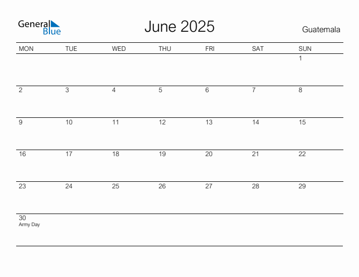 Printable June 2025 Calendar for Guatemala