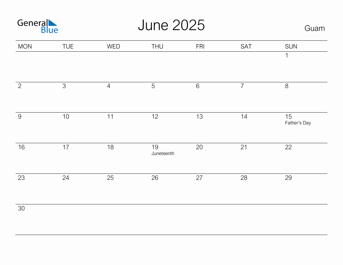 Printable June 2025 Monthly Calendar with Holidays for Guam