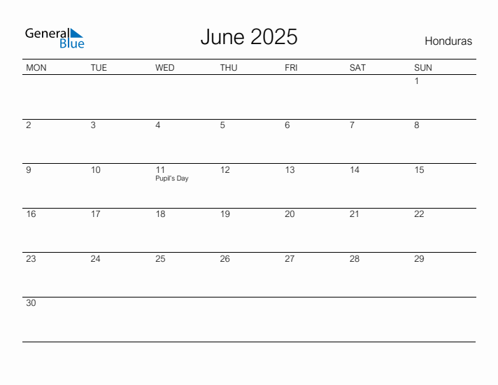 Printable June 2025 Calendar for Honduras