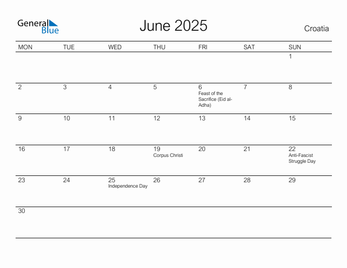 Printable June 2025 Calendar for Croatia