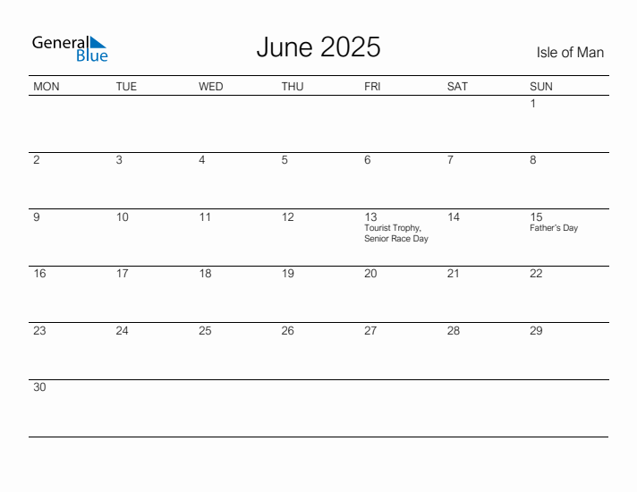Printable June 2025 Calendar for Isle of Man