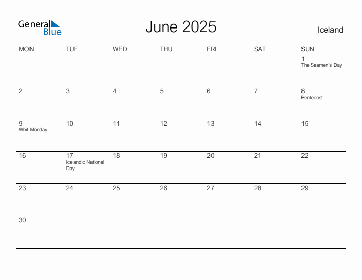 Printable June 2025 Calendar for Iceland