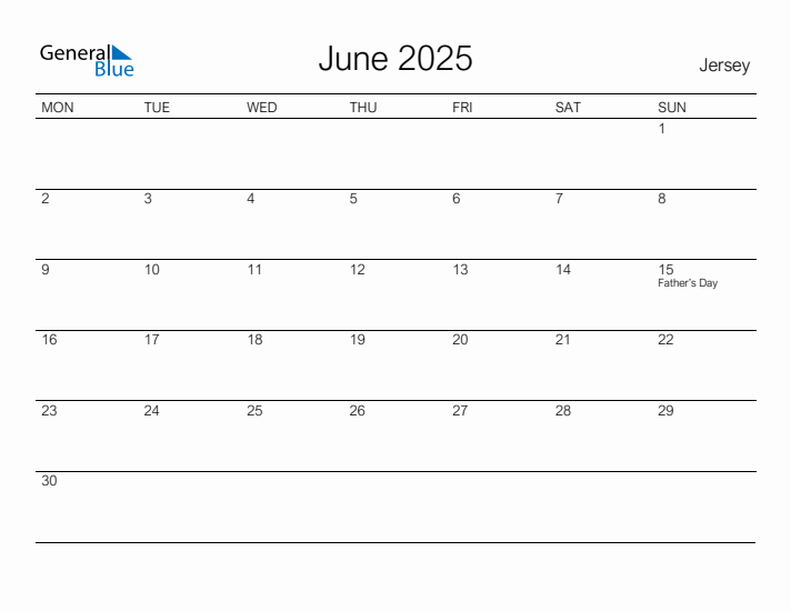 Printable June 2025 Calendar for Jersey