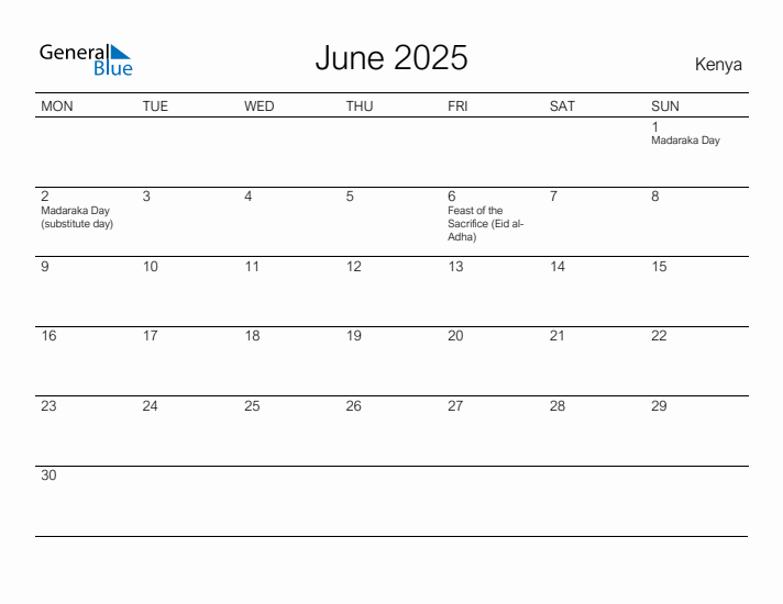 Printable June 2025 Calendar for Kenya