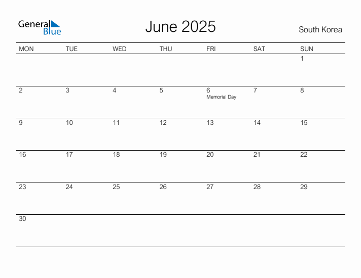 Printable June 2025 Calendar for South Korea